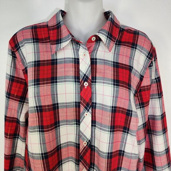 Talbots Shirt Womens Large Red Cotton Long Sleeve Button Front Plaid Metallic - Picture 3 of 8